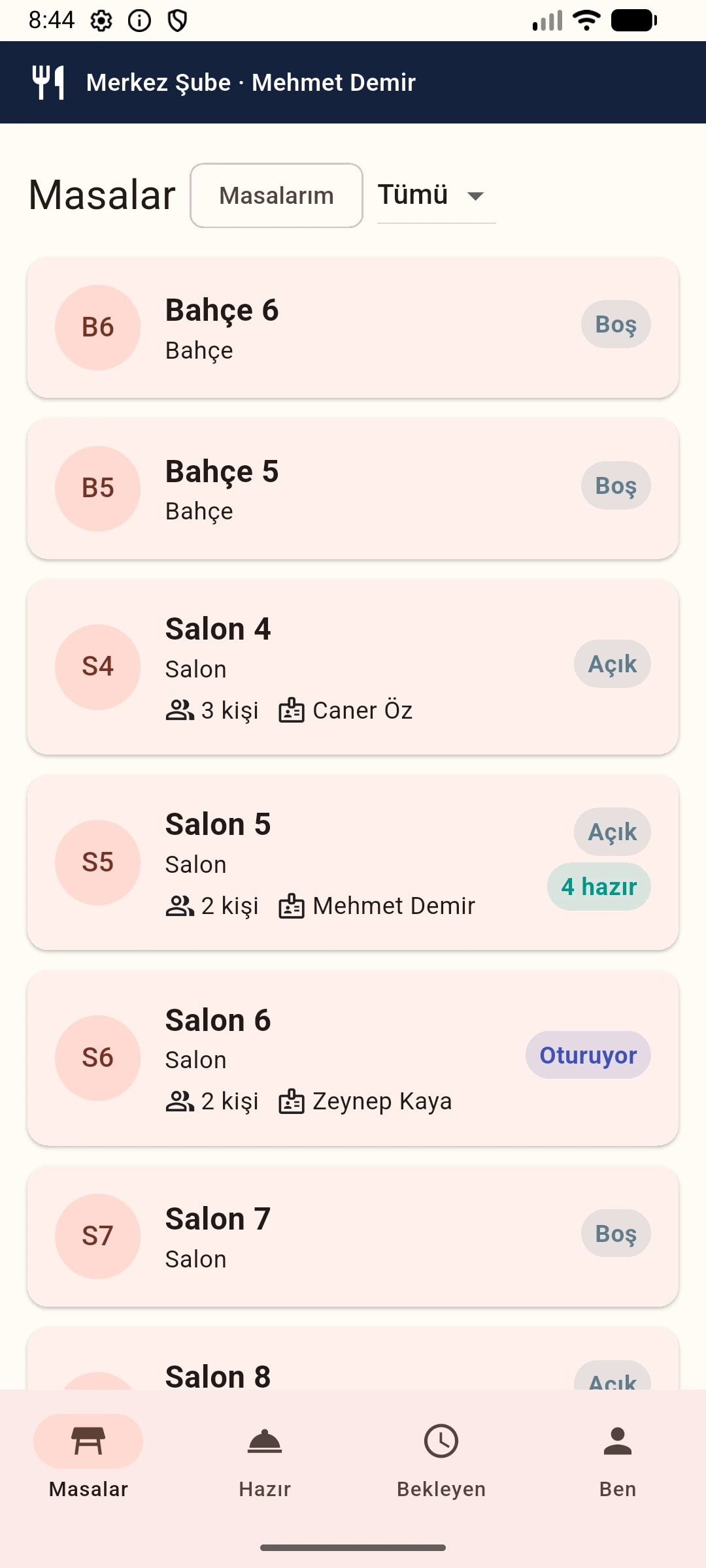 Buyru garson uygulaması masa listesi
