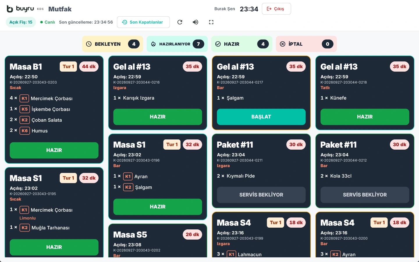 Buyru POS mutfak ekranı ekranı