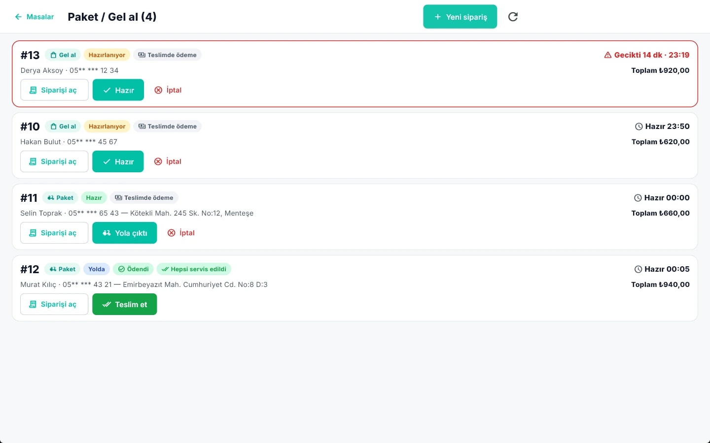 Buyru POS paket / gel al ekranı